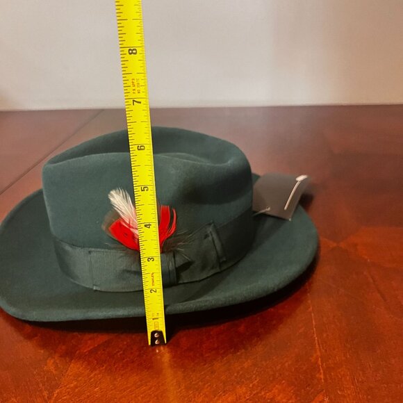 Ferrecci Green Wool Fedora Hat With Red Feather Accent Stylish Formal Design For - Picture 9 of 16